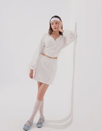 Lace Trim Drawstring Sleeve Cropped Cardigan and Elastic Waist A Line Mini Skirt Set Wear