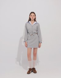 Lace Trim Drawstring Sleeve Cropped Cardigan and Elastic Waist A Line Mini Skirt Set Wear