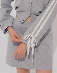 Lace Trim Drawstring Sleeve Cropped Cardigan and Elastic Waist A Line Mini Skirt Set Wear