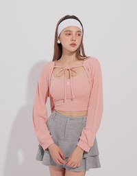 Cropped Knit Tie Front Cardigan with AIR SPACE Logo Embroidered Cami Padded Top Set Wear
