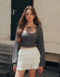 Cropped Knit Tie Front Cardigan with AIR SPACE Logo Embroidered Cami Padded Top Set Wear