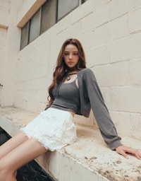 Cropped Knit Tie Front Cardigan with AIR SPACE Logo Embroidered Cami Padded Top Set Wear