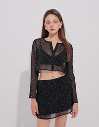Sheer Mesh Dot Print Cropped Cardigan and Matching Mini Skirt Set Wear