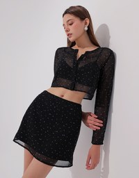 Sheer Mesh Dot Print Cropped Cardigan and Matching Mini Skirt Set Wear