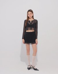 Sheer Mesh Dot Print Cropped Cardigan and Matching Mini Skirt Set Wear