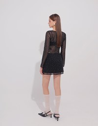 Sheer Mesh Dot Print Cropped Cardigan and Matching Mini Skirt Set Wear