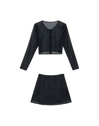 Sheer Mesh Dot Print Cropped Cardigan and Matching Mini Skirt Set Wear
