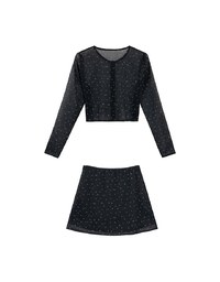 Sheer Mesh Dot Print Cropped Cardigan and Matching Mini Skirt Set Wear