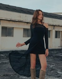 One Shoulder Sheer Mesh Panel Long Sleeve Padded Maxi Dress