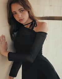 One Shoulder Sheer Mesh Panel Long Sleeve Padded Maxi Dress