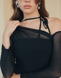 One Shoulder Sheer Mesh Panel Long Sleeve Padded Maxi Dress