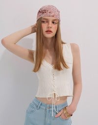 Ribbed Knit V Neck Lace Up Sleeveless Crop Top