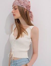 Ribbed Knit V Neck Lace Up Sleeveless Crop Top