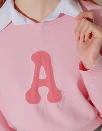 Fuzzy Letter Embroidered Cropped Knit Sweater