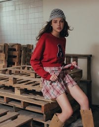 Fuzzy Letter Embroidered Cropped Knit Sweater