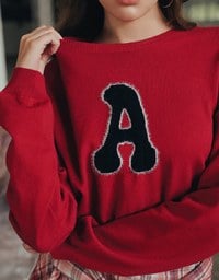 Fuzzy Letter Embroidered Cropped Knit Sweater