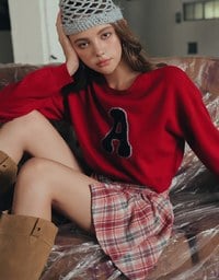 Fuzzy Letter Embroidered Cropped Knit Sweater