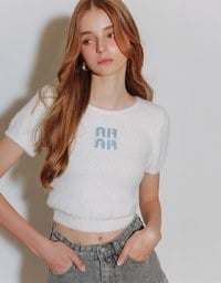 Fluffy Knit Short Sleeve Crop Top with AIR SPACE Logo Embroidered