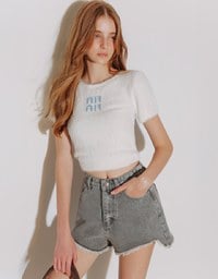 Fluffy Knit Short Sleeve Crop Top with AIR SPACE Logo Embroidered