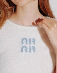 Fluffy Knit Short Sleeve Crop Top with AIR SPACE Logo Embroidered