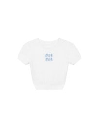 Fluffy Knit Short Sleeve Crop Top with AIR SPACE Logo Embroidered