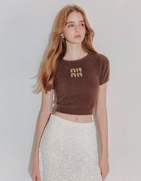 Fluffy Knit Short Sleeve Crop Top with AIR SPACE Logo Embroidered
