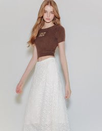 Fluffy Knit Short Sleeve Crop Top with AIR SPACE Logo Embroidered