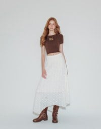 Fluffy Knit Short Sleeve Crop Top with AIR SPACE Logo Embroidered