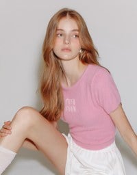 Fluffy Knit Short Sleeve Crop Top with AIR SPACE Logo Embroidered