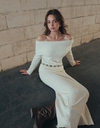 Off Shoulder Folded Collar Long Sleeve Knit Top