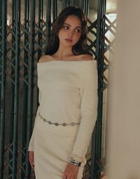 Off Shoulder Folded Collar Long Sleeve Knit Top