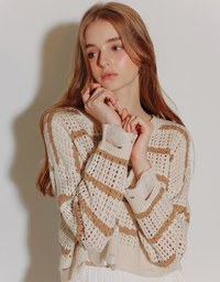 Distressed Hem Open Knit Striped Long Sleeve Sweater