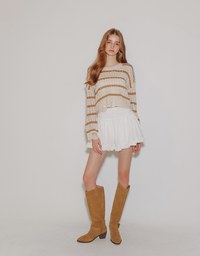 Distressed Hem Open Knit Striped Long Sleeve Sweater