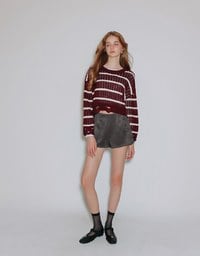 Distressed Hem Open Knit Striped Long Sleeve Sweater