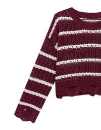 Distressed Hem Open Knit Striped Long Sleeve Sweater