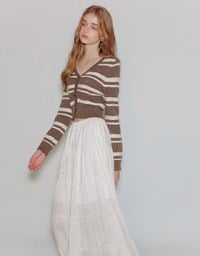 V Neck Striped Knit Cardigan with Heart Cutout Detail