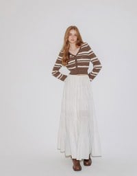 V Neck Striped Knit Cardigan with Heart Cutout Detail