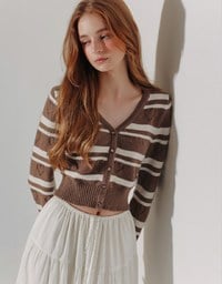 V Neck Striped Knit Cardigan with Heart Cutout Detail