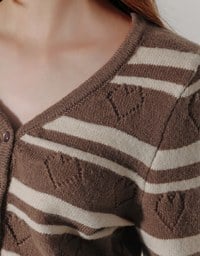 V Neck Striped Knit Cardigan with Heart Cutout Detail