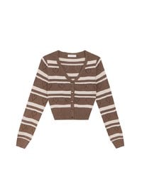 V Neck Striped Knit Cardigan with Heart Cutout Detail