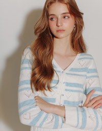 V Neck Striped Knit Cardigan with Heart Cutout Detail