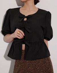 Puff Sleeve Bow Tie Peplum Hem Crop Top
