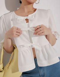 Puff Sleeve Bow Tie Peplum Hem Crop Top