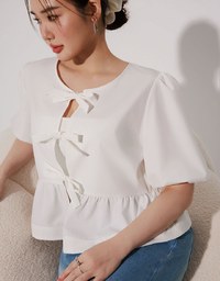 Puff Sleeve Bow Tie Peplum Hem Crop Top