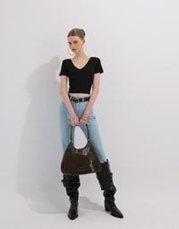 2 Way Neckline Ribbed Crop Tee