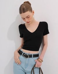 2 Way Neckline Ribbed Crop Tee