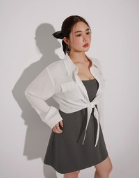 Tie Front Collared Shirt Blouse with Pockets