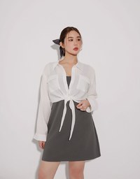 Tie Front Collared Shirt Blouse with Pockets
