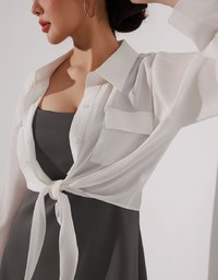 Tie Front Collared Shirt Blouse with Pockets