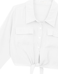 Tie Front Collared Shirt Blouse with Pockets